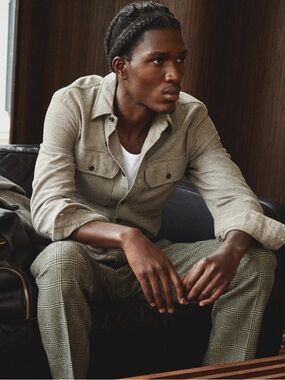 Todd Snyder Knit Italian Twill linen Utility Shirt in brown XL